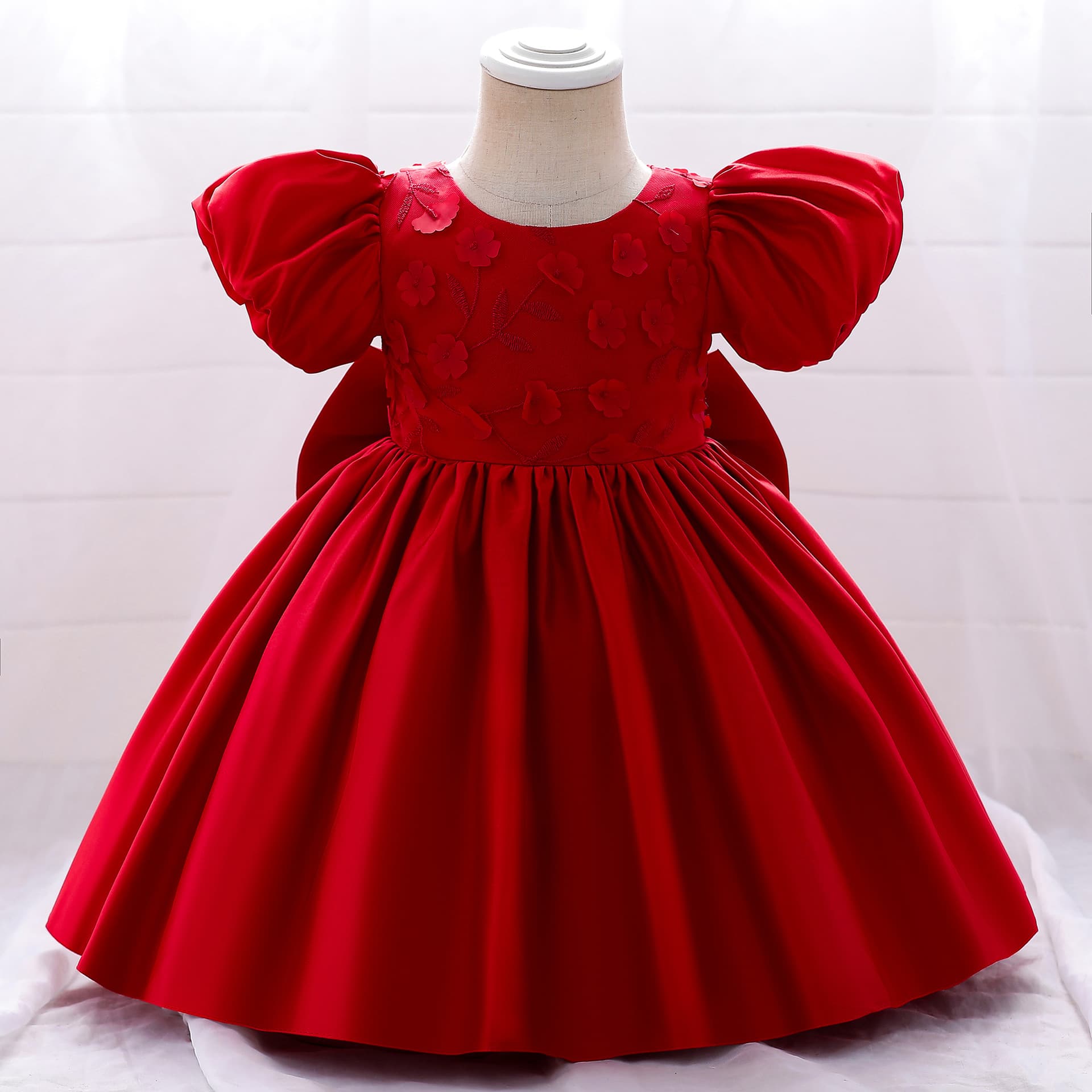 Princess Style Birthday Party Evening Gown for Girls with Big Bow And Bubble Sleeves Children's Full Moon One Year Old Ceremony Dress