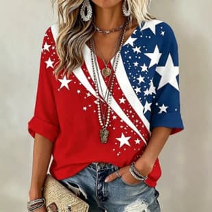 Cross-Border Long Sleeve Loose Women's T-Shirt, USA Flag Digital Print V-Neck, Wholesale