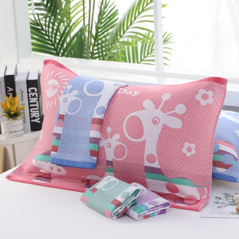 Wholesale three-layer gauze pillow towel, cotton for adults, jacquard household use, cartoon student design, breathable and soft, manufacturer's skin-friendly pillow.