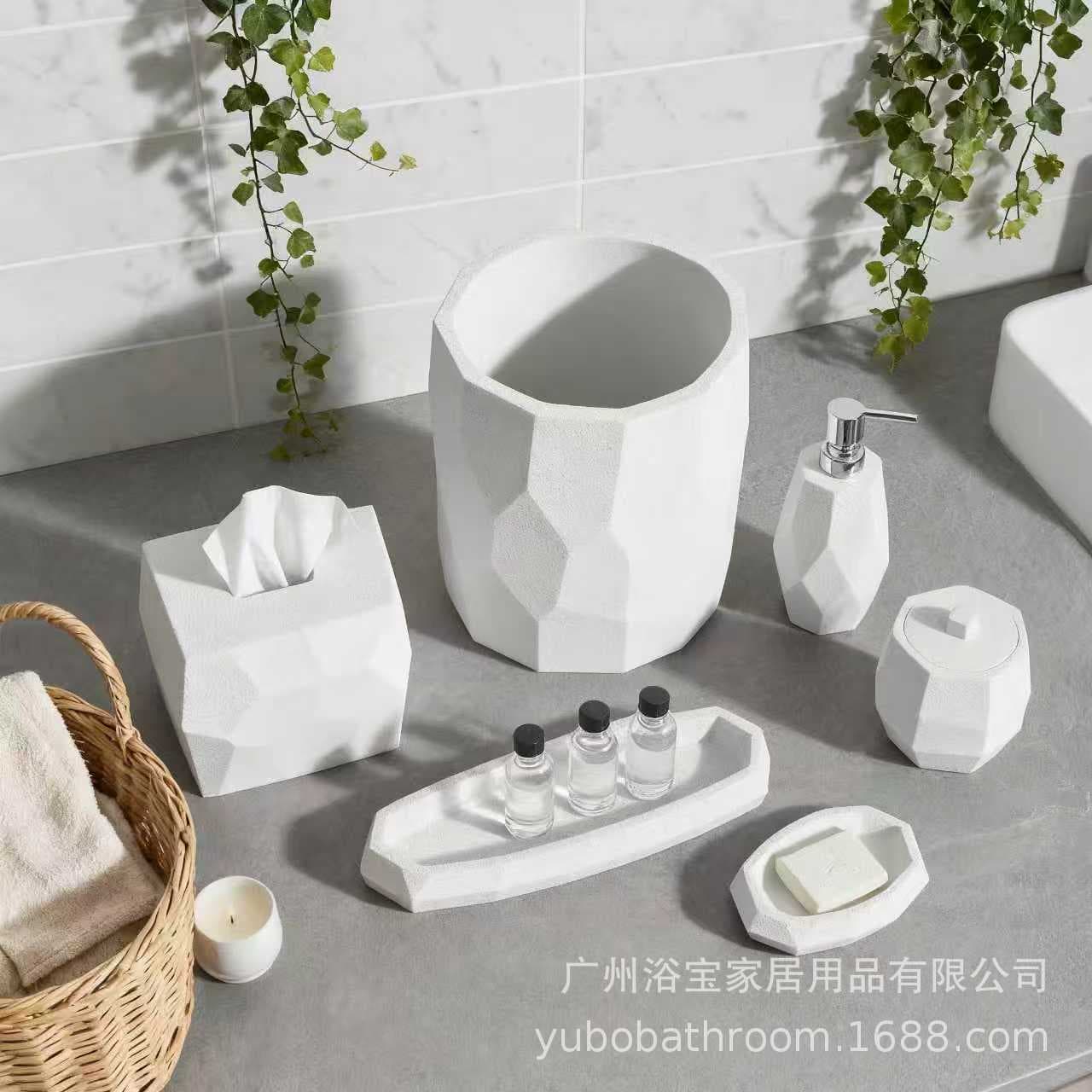 Hotel Bathroom Marble Six-Piece Set Soap Dish Trash Can Tissue Box Hand Sanitizer Bottle Cup Bathroom Set Resin