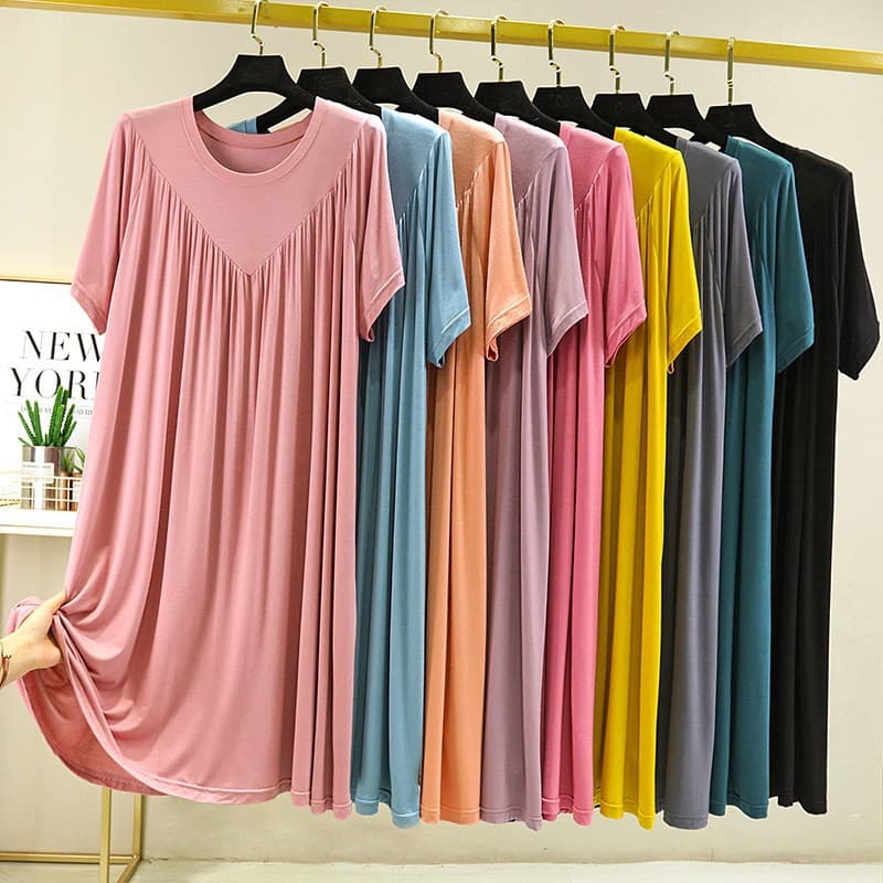 Modal Summer Thin Plus Size Dress for Women, Loose Fit Midi Sleep Dress, Pleated Loungewear Nightgown