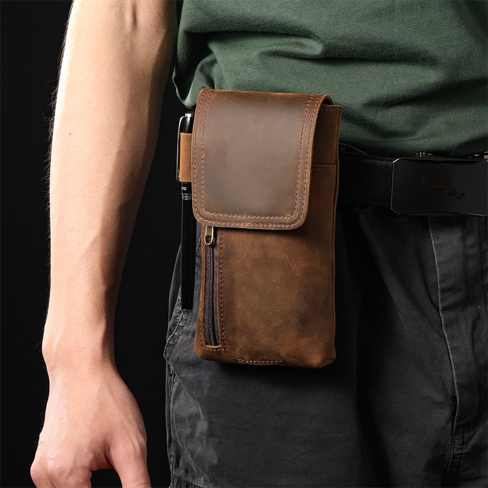 Cross-Border European and American Retro Top-Grain Cowhide Men's Waist Bag Multi-Functional Magnetic Phone Waist Bag Genuine Leather Phone Protective Case