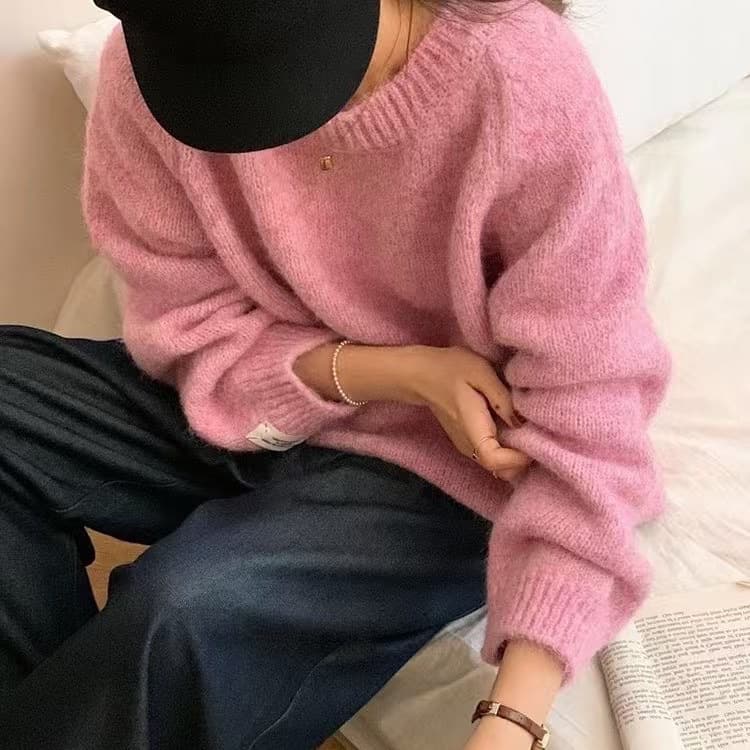 Candy Color Round Neck Lazy Loose Thick Sweater Women Autumn Winter Korean High-End Soft Knit Top