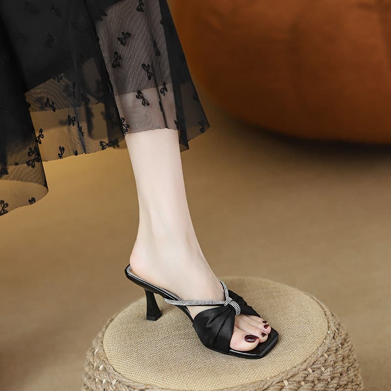 Ice Silk High Heel Sandals for Women, Black Casual Simple Square Toe with Line Frame Rhinestone Thin High Heel Slippers for Summer