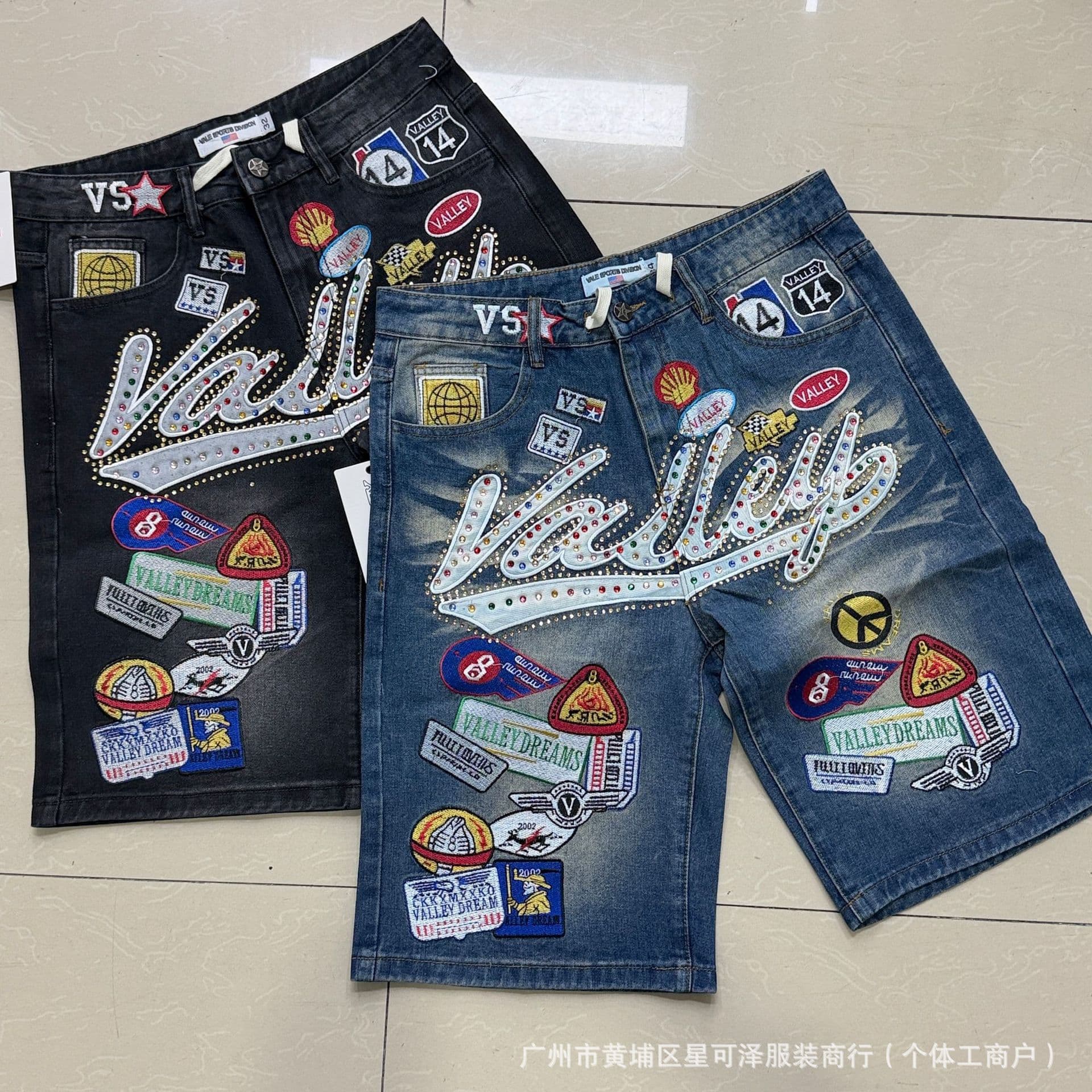 Valley Dream Denim Shorts - European and American Fashion Rhinestone Embellished Denim Shorts, Casual Long Shorts