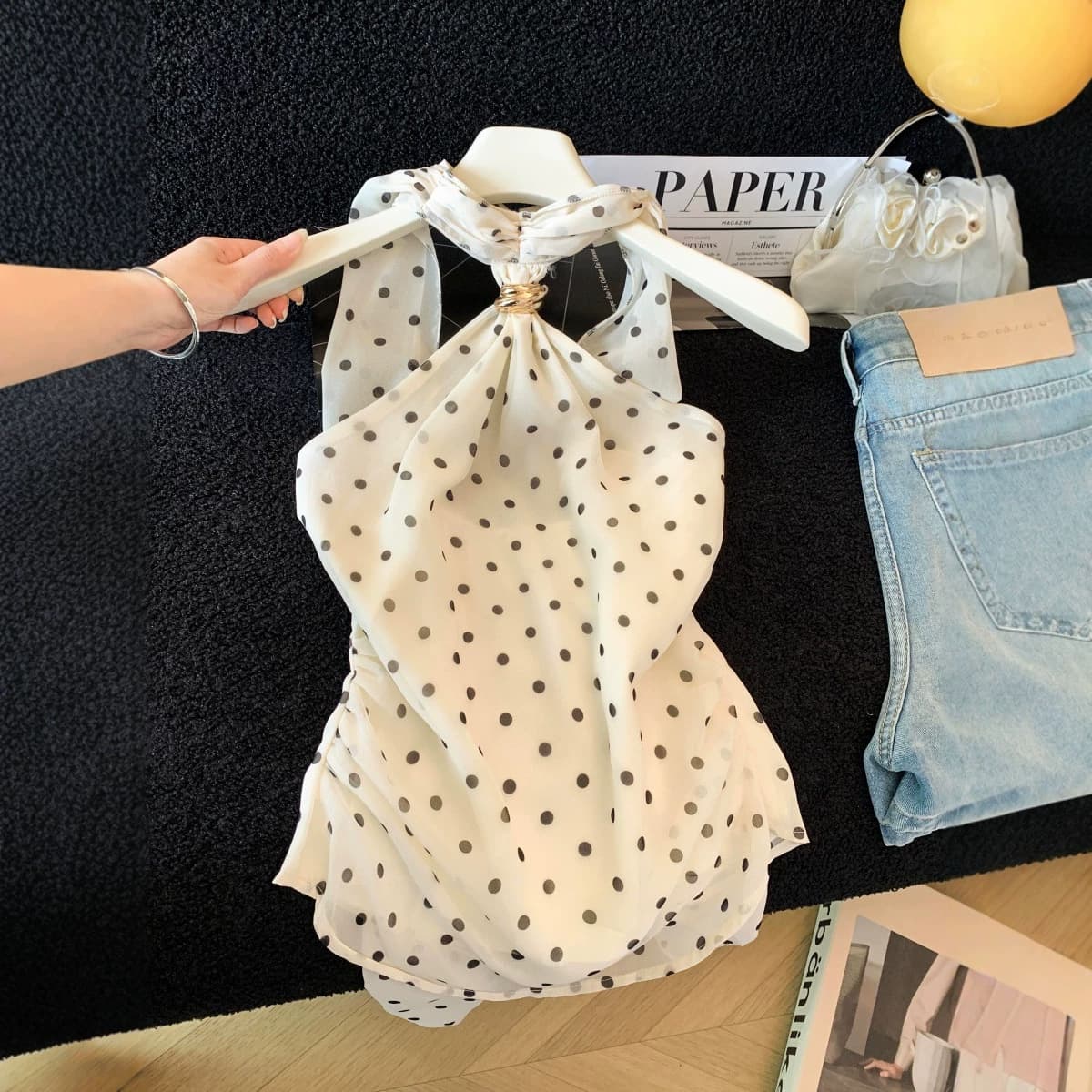 Summer Korean Polka Dot Halter Sleeveless Vest Top for Women, New Trendy Loose Fit Slimming Fashionable Blouse