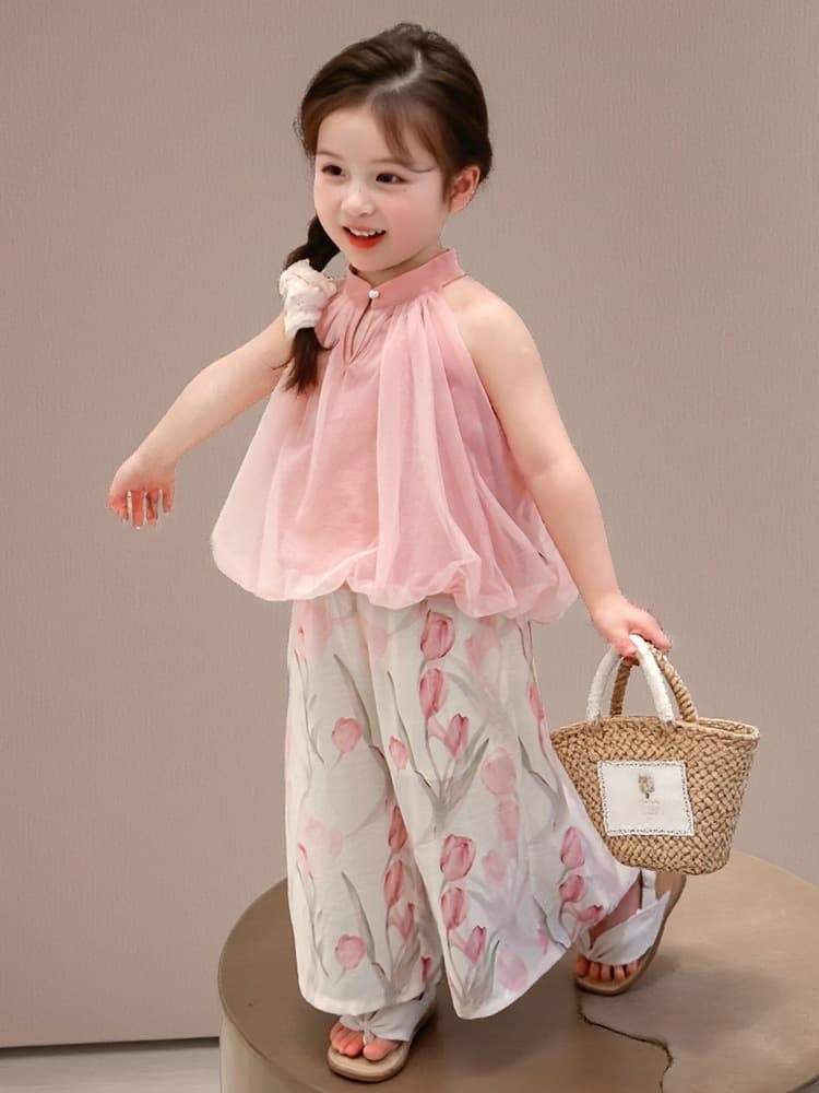 Girls' Floral Set Summer 2025 New Stylish Fashion Baby Girls' Mesh Vest Wide-Leg Pants Two-Piece Set Trendy
