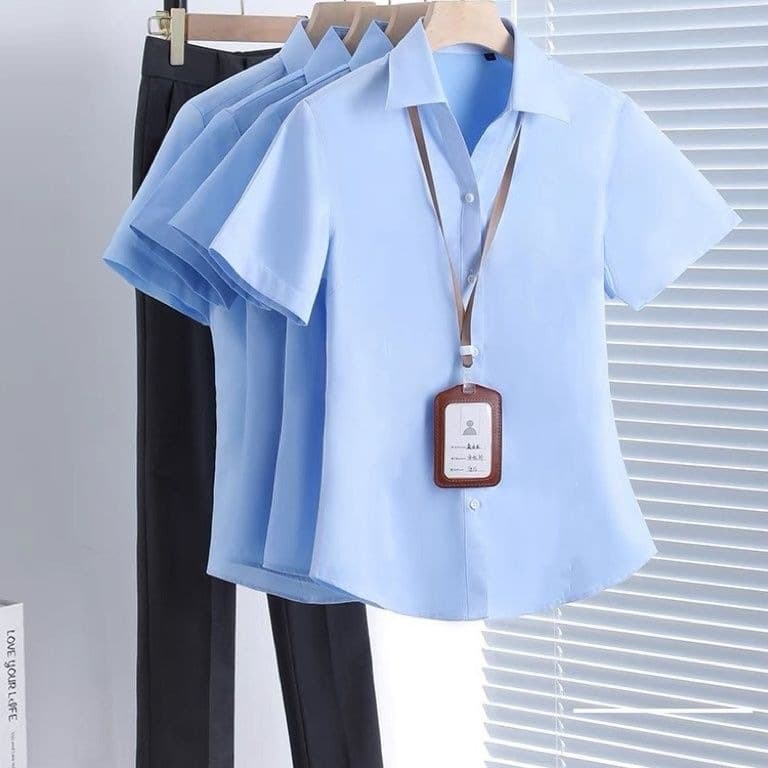 Professional Women's Shirt, V-Neck, Blue Short-Sleeve, Fashionable Workwear, Slim Fit, Plus Size, High-End Formal Wear, Elegant Women's Clothing