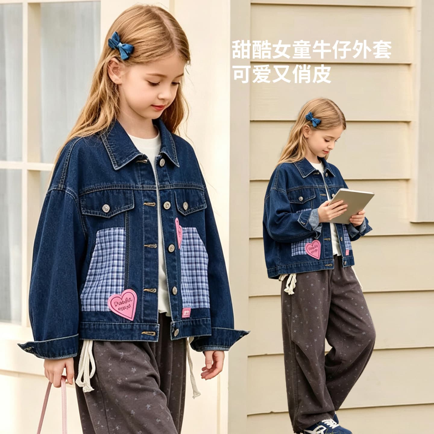Girls Denim Jacket Kids Denim Top New Spring/Autumn Color-Block Design Long-Sleeve Heart Denim Jacket for Children