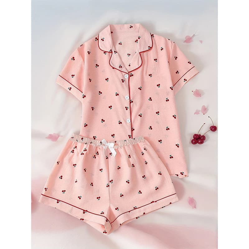 New Cross-Border Trade European and American Women's Plus Size Pajamas Cherry Print Turn-Down Collar Short Sleeve Shorts Homewear Set