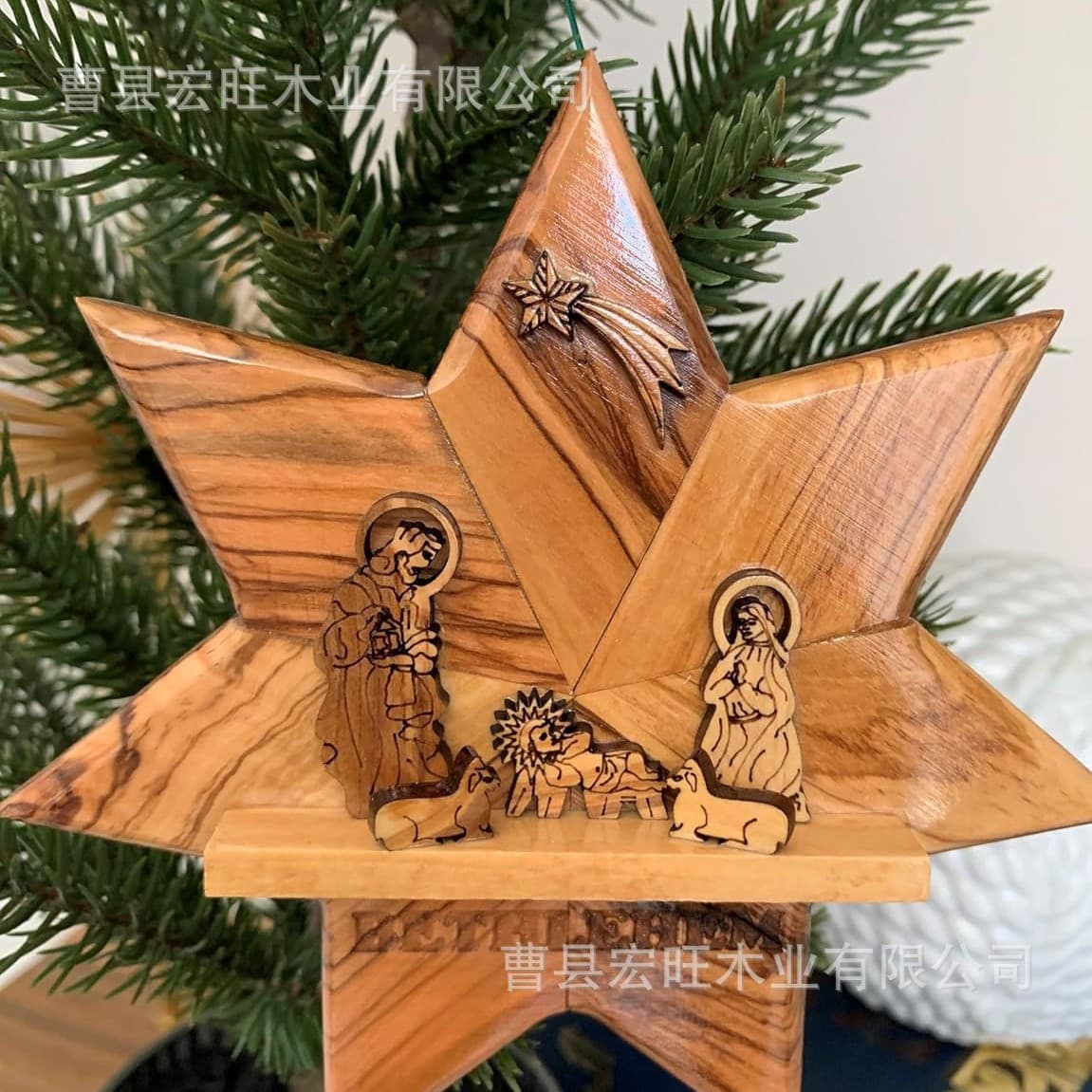 New Nativity Star Christmas Ornament Wooden Christmas Star Hanging Decoration