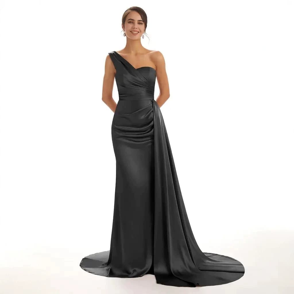 Black One-Shoulder Satin Evening Gown Women Mermaid High-End Host Banquet Elegant Annual Performance Dress Long