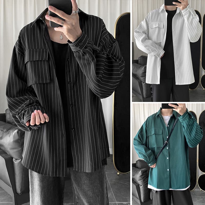 Striped Shirt Men Harajuku Style Casual Long Sleeve Shirt Korean Loose Fit Trendy Ins Versatile Jacket
