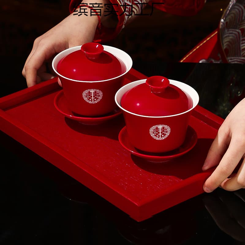 Wedding supplies modified toast tea cup set, a pair of wedding bowls, chopsticks, cups, wedding red tea set, toast and dowry collection