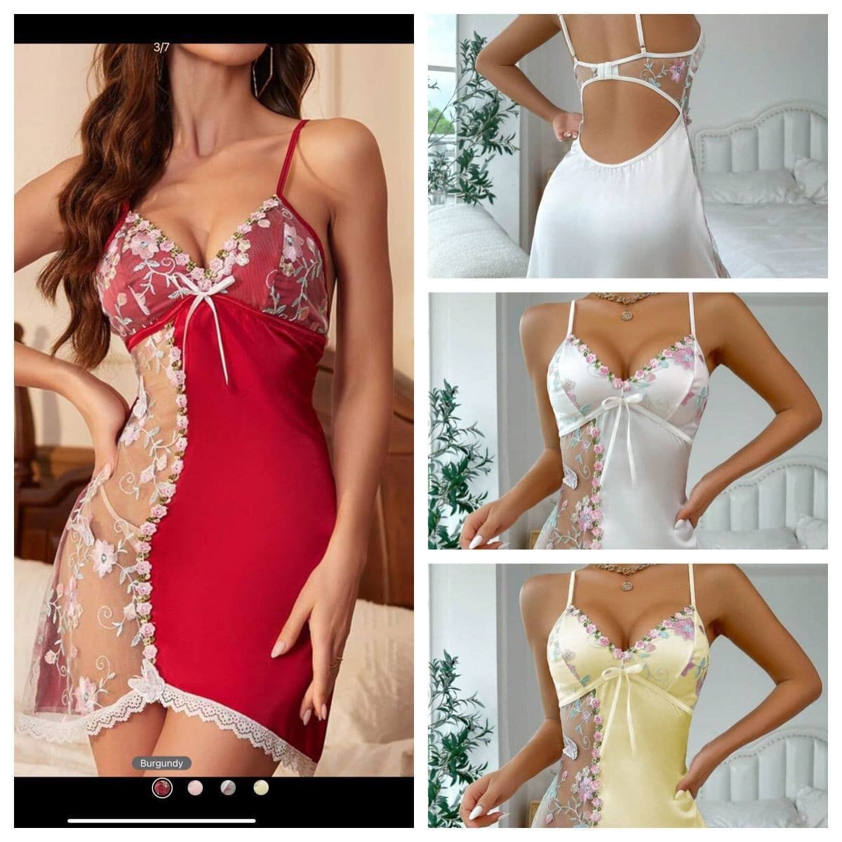 Women's Floral Mesh Embroidery Lace Trim Chemise Wedding