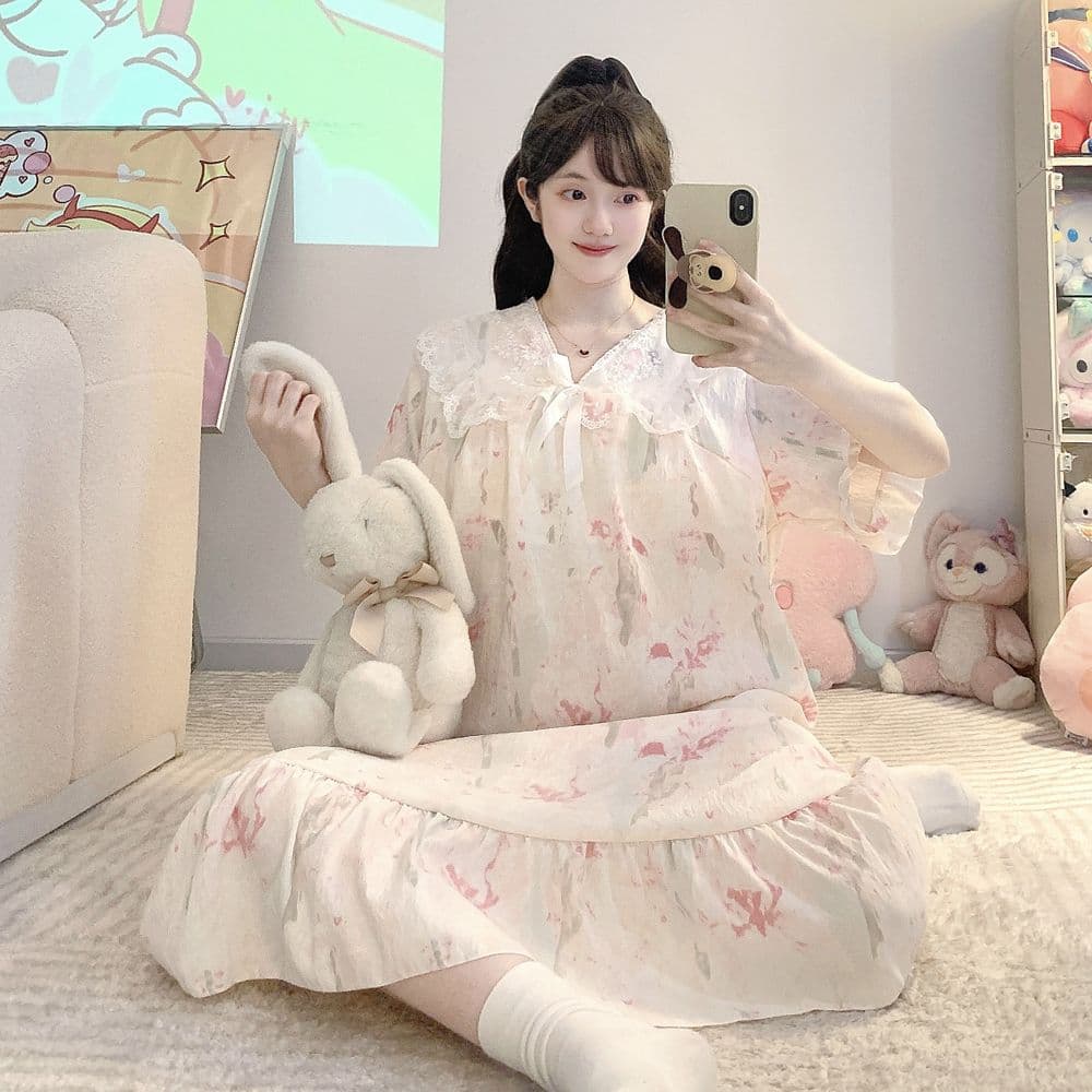 Plus Size Women's Summer Sleep Dress with Built-in Bra, Cloud Cotton Short Sleeve Nightgown, Princess Style Loose Fit, Wearable as Loungewear