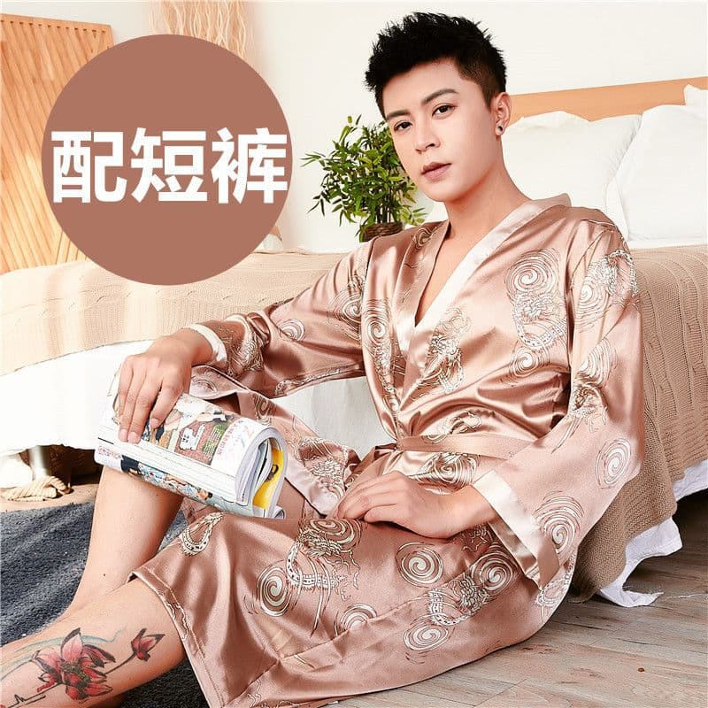 Men's Silk Robe Summer Long Sleeve Thin Ice Silk Bathrobe Mid-Length Spring Autumn Sleepwear Home Clothes This Year