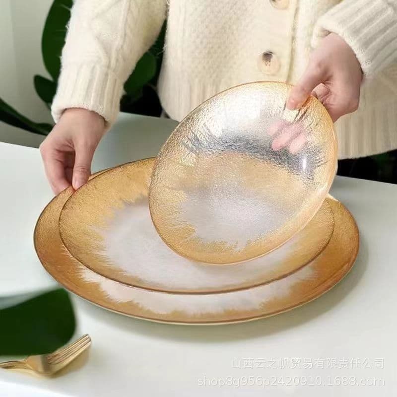 Manufacturer wholesale gold foil glass dinner plate, household golden salad bowl, gold polished glass plate, gold foil leather pattern dinner plate