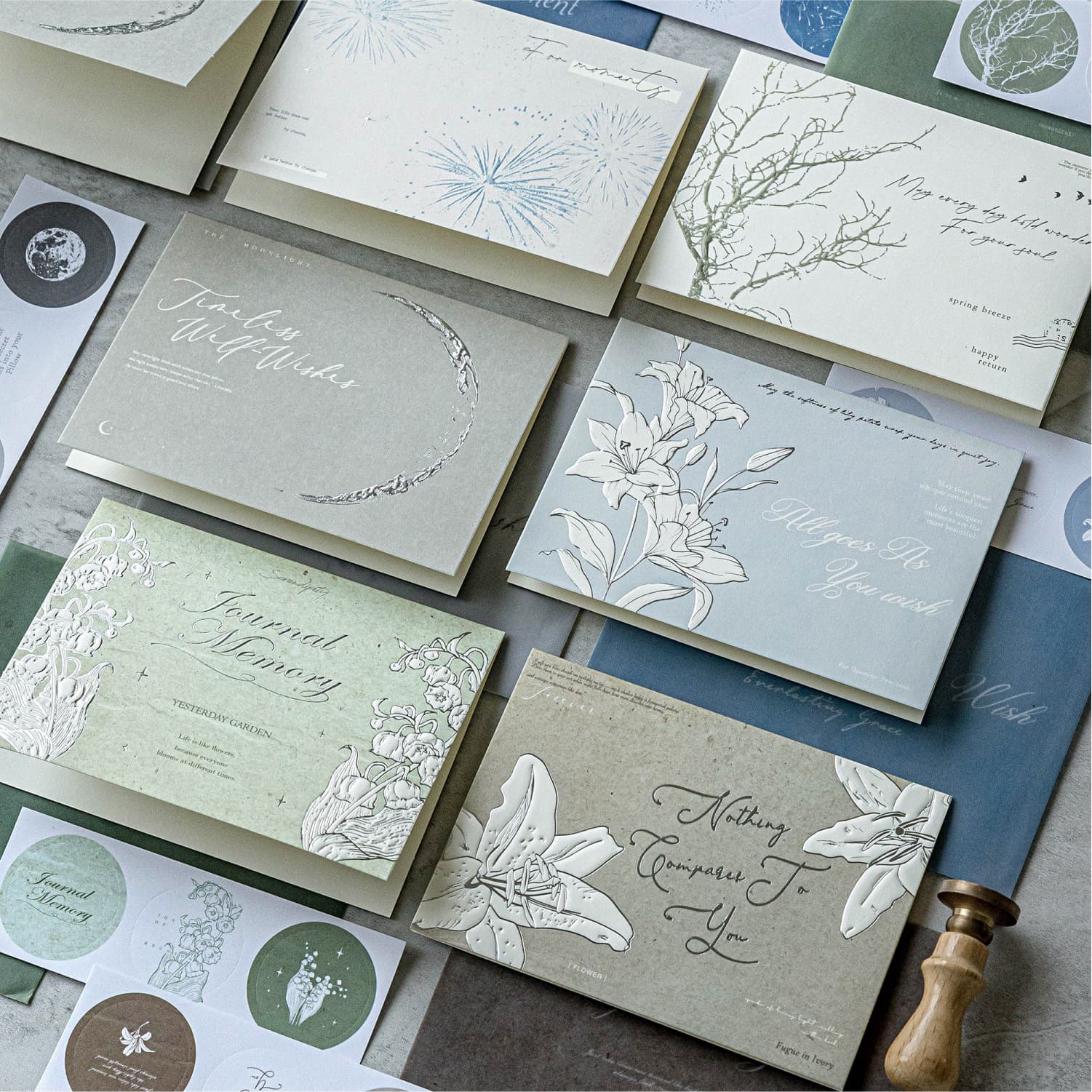 Momo hot silver relief embossed greeting card & envelope set Everything is silent as a mystery series Simple message greeting card