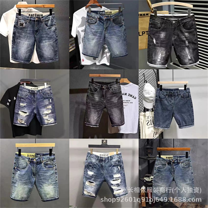 2025 Summer Thin Export Cross-Border Plus-Size Denim Mid-Length Shorts Distressed Slim-Fit Men's Breeches Five-Point Shorts Wholesale