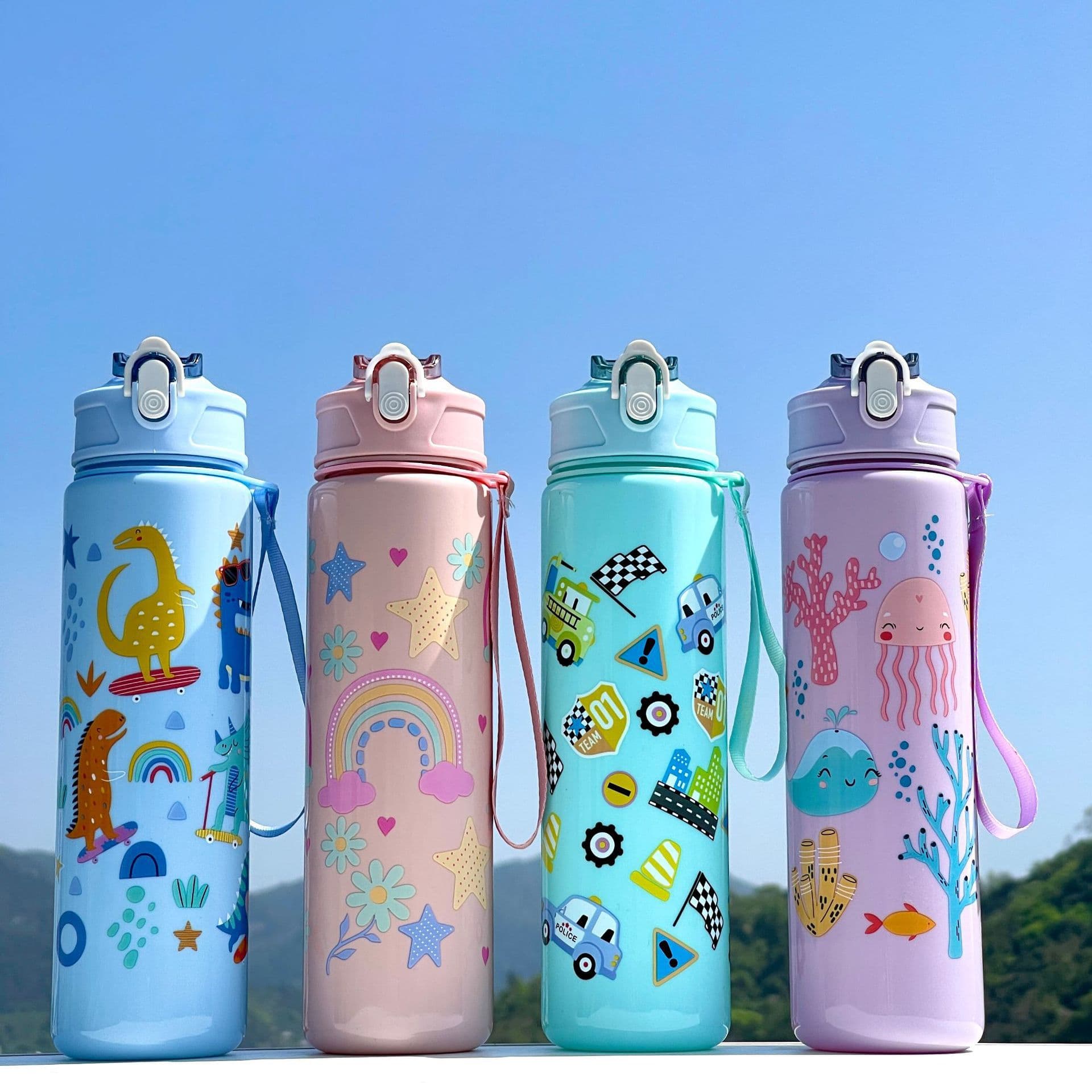 2025 New Cross-Border Large Capacity Plastic Cup Cute Cartoon Pattern Water Bottle Portable with Rope Straw Space Cup