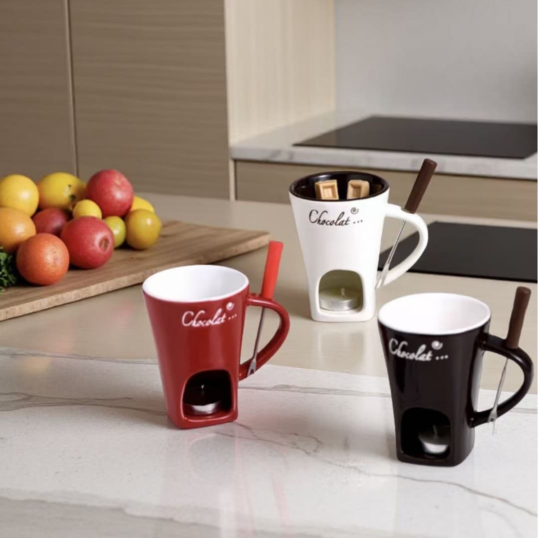 In Stock Chocolate Fondue Mug with Fork Ceramic Personal Chocolate Melting Cup Ideal Gift Coffee Cup