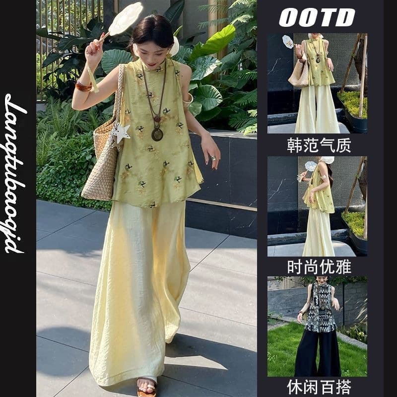 New Chinese-Style National Style Summer Women's Suit 2026 New Casual Suit for Women, Age-Reducing Old Money Style, Sleeveless Loose Two-Piece Set