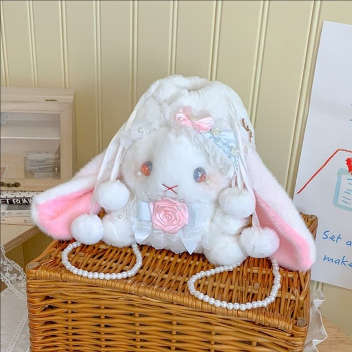 Japanese soft girl rabbit doll crossbody bag Lolita accessories plush small bag pearl chain cute shoulder bag wholesale