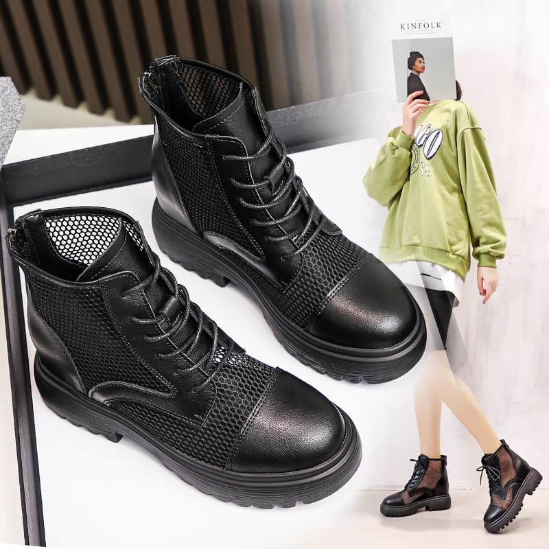 Women's Mesh Hollow Boots 2025 Summer Thin Breathable Thick Sole Martin Boots Genuine Leather Mesh Inner Height Increase Short Boots