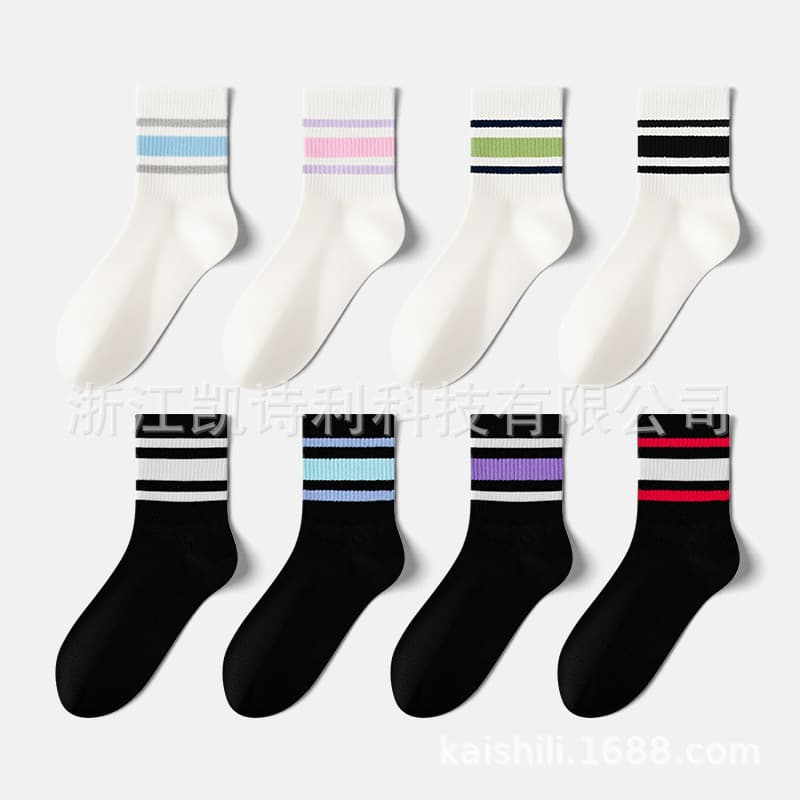 Custom socks for women, autumn/winter mid-calf length, cotton, classic stripes, antibacterial, moisture-wicking, sports, Zhuji warm.