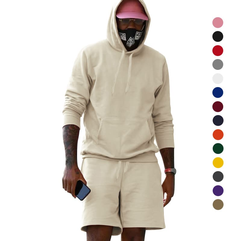 Cross-border Men's Fleece-Lined Hoodie and Shorts Two-Piece Set, Loose Solid Color Casual Sportswear for Amazon