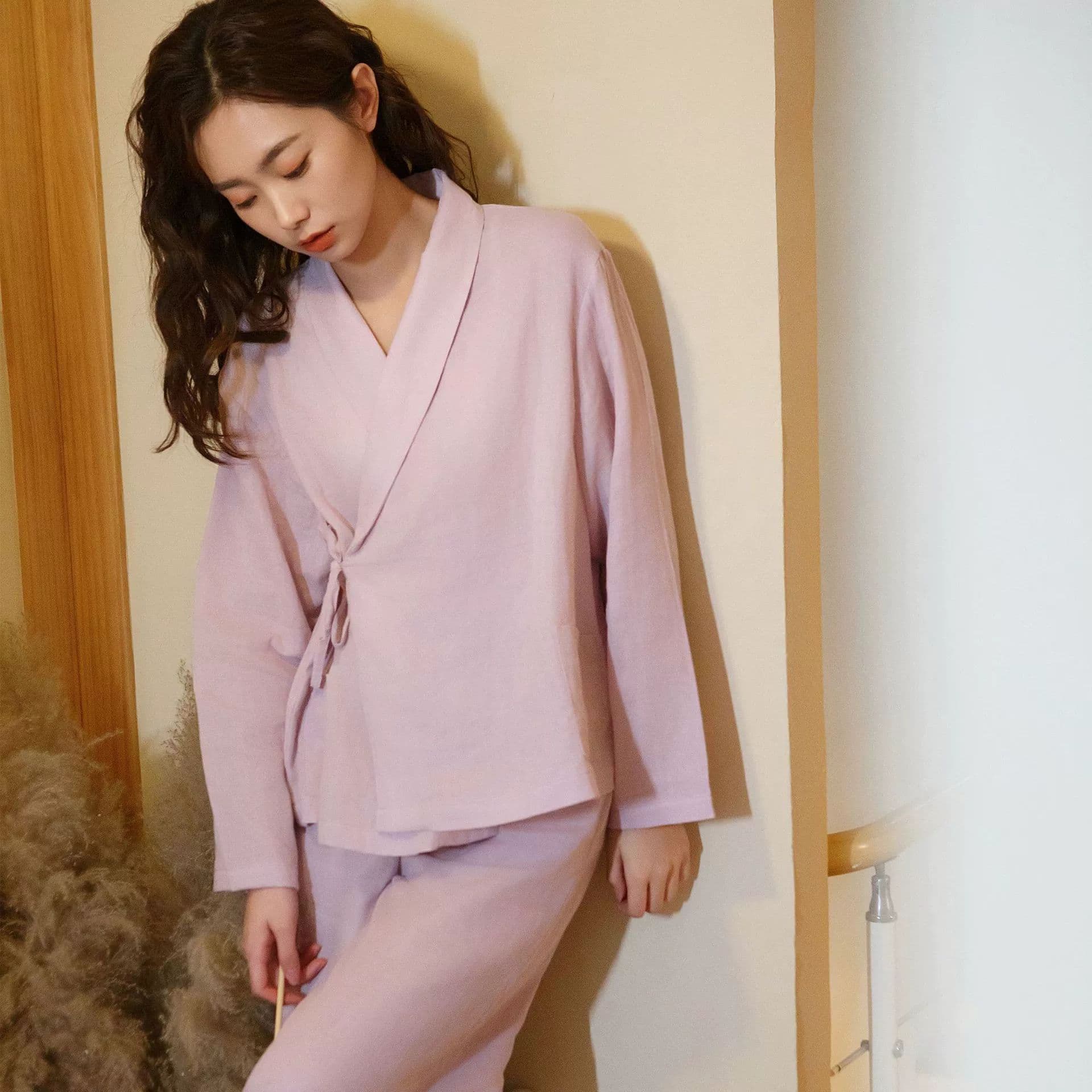 Couples Cardigan Long Sleeve and Long Pants Set Crepe Cotton Pajamas Women's Cute Nightgown Spring and Summer Short Sleeve Homewear