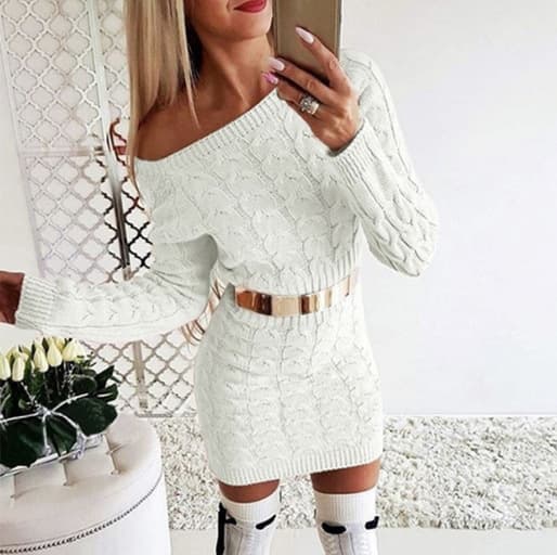 Cross-border Winter New Mid-length Fluorescent Color Twist Shoulder Sweater dress AliExpress Explosion Knitwear