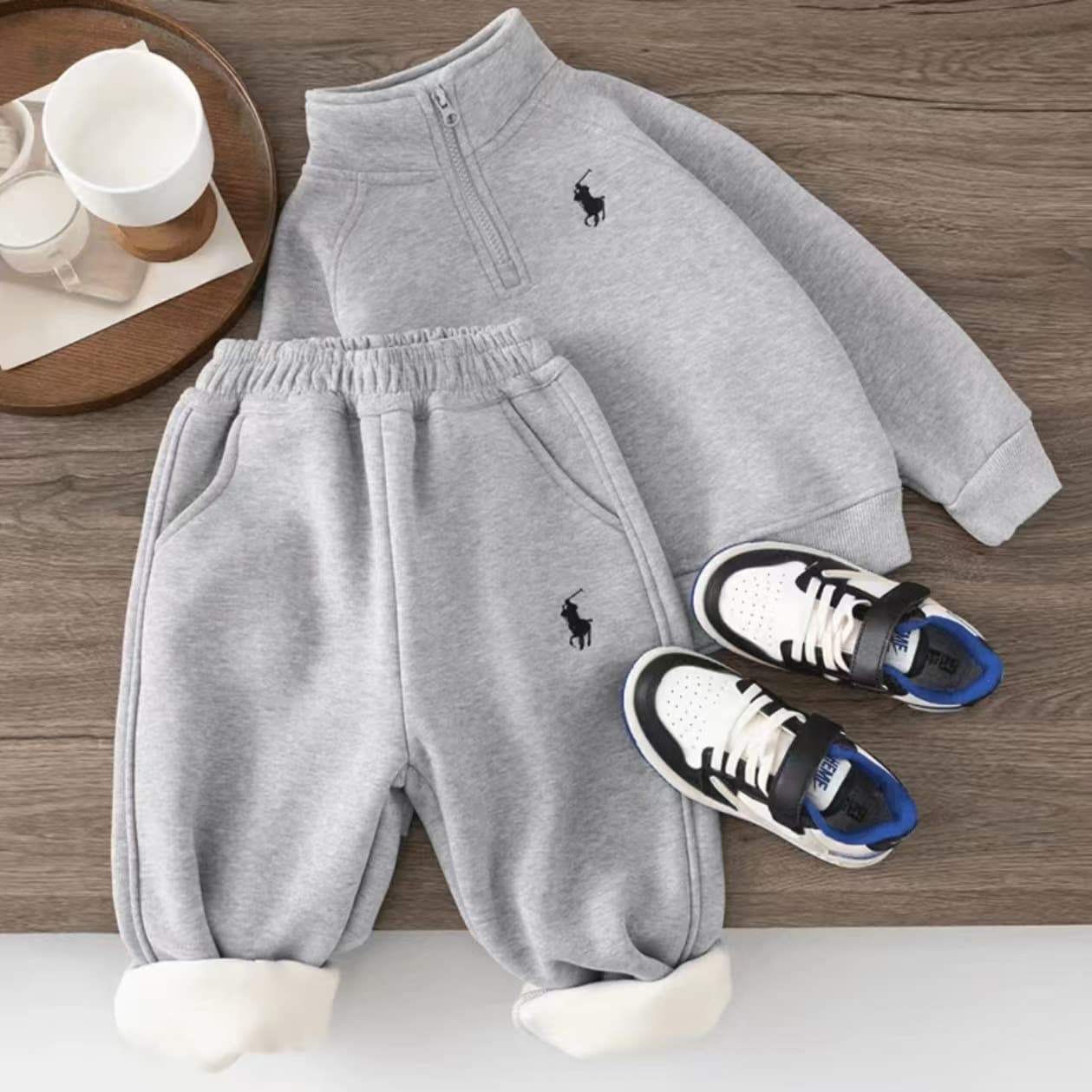 Kids Fleece-Lined Hoodie Streetwear Children's Clothing Winter Thick Warm Sports Set Korean Style Boys 2-Piece Set Wholesale