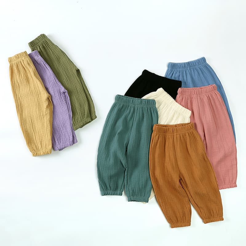 2026 Spring Summer New Children's Solid Color Cotton Linen Bloomers Boys Girls Mori Style Stylish Cuffed Pants Casual Trousers