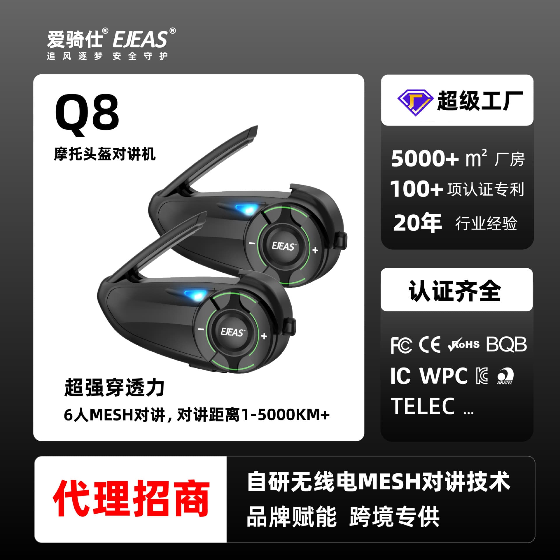 EJEAS Motorcycle Helmet Headset Mesh 3.0 Mesh Intercom Technology 1000M Intercom Distance Supports Shared Audio