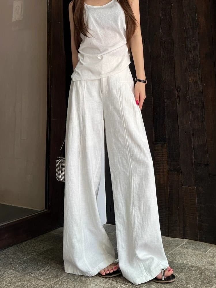 White Linen Wide Leg Pants for Women, Summer Thin High-Waist Drape Old Money Style Casual Straight Ice Silk Cotton Linen Trousers