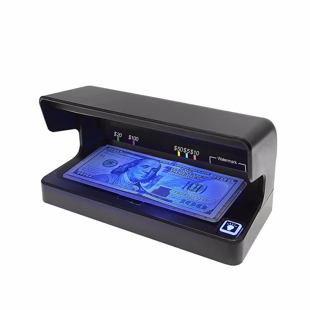 Small mini desktop money detectors, battery-operated portable models with purple light watermark detection for multiple currencies, fluorescent lamp detectors.