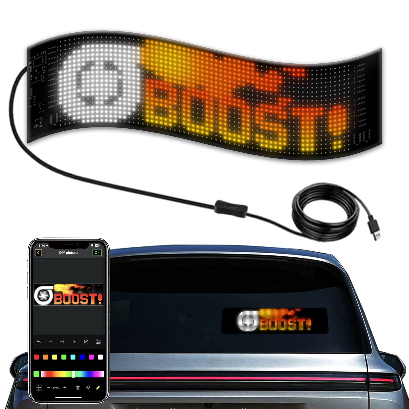 LED Flexible Display APP Bluetooth Car Advertising Screen Full Color Smart Car Sticker IP65 Waterproof Soft Screen Display
