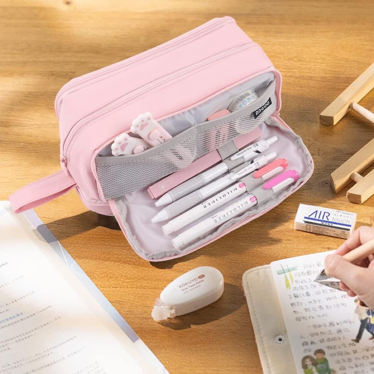 Cross-border new student pencil bag large capacity solid color pencil bag portable double layer stationery storage bag pencilcase
