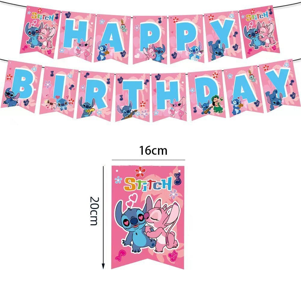 Cartoon Pink Stitch Banner Kids Birthday Girl Stitch Paper Bunting Party Decoration Supplies