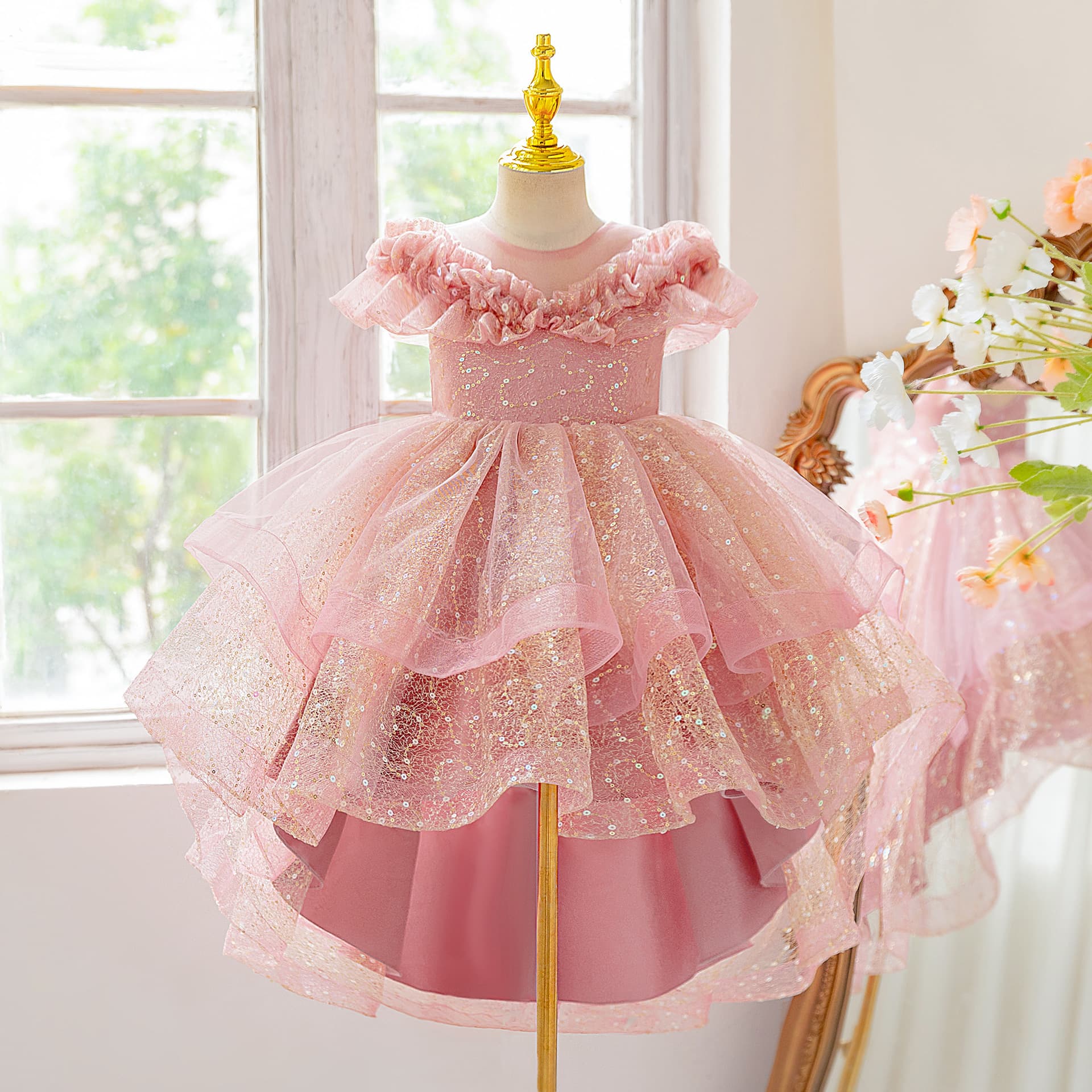 Wholesale Cross-Border New Children's Dress Elegant Trailing Princess Dress Tulle Puffy Skirt Kids Piano Flower Girl Dress