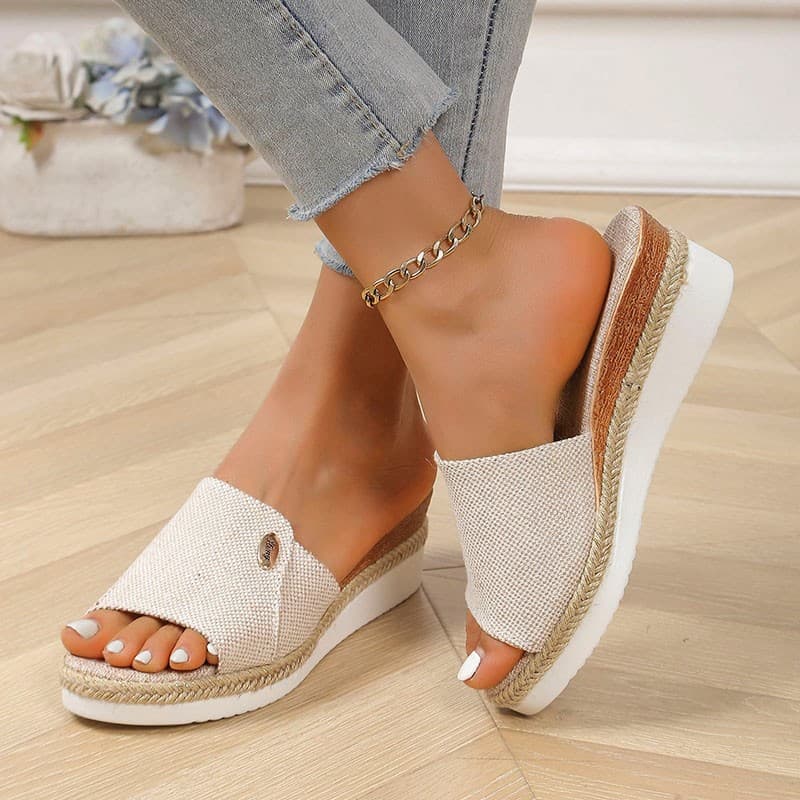 Comfortable Fashionable European And American Slope Heel Slippers for Women Summer Large Size Slip-On Shoes Canvas Upgraded Rubber Sole