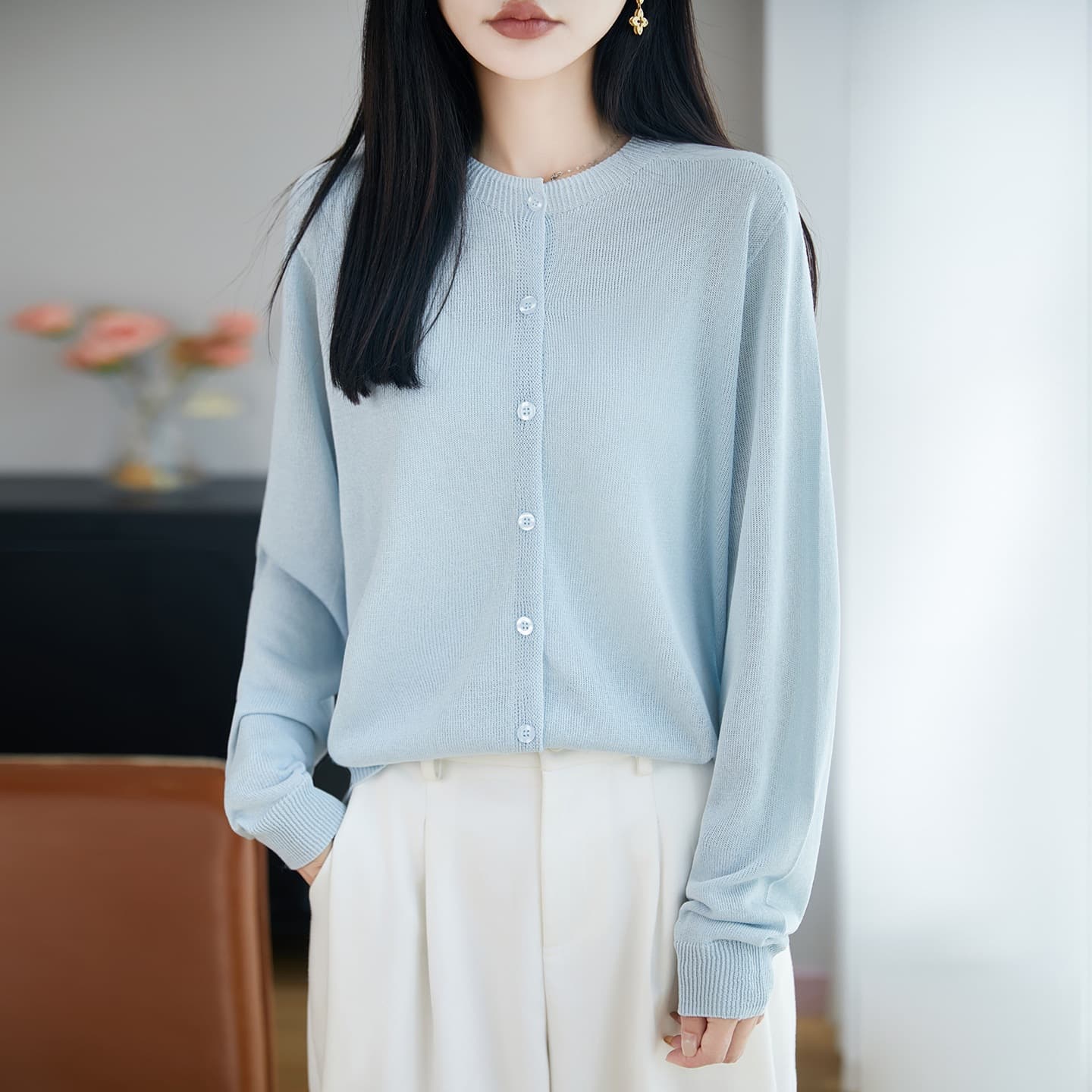 Linen Blend Knit Long Sleeve Sun Protection Top Thin Versatile Seamless Minimalist Round Neck Cardigan Women's Blouse