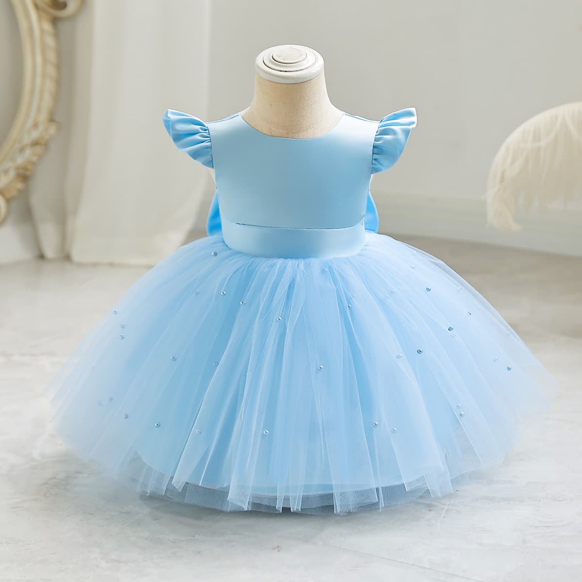 Girls Princess Dress Baby Toddler Flower Girl Birthday Cross-Border Summer Performance Bow Backless Tulle Puffy Dress