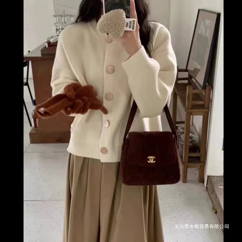 Design Single Button Solid Color Knitted Sweater Cardigan Lazy Loose Round Neck Autumn/Winter Top Spandex