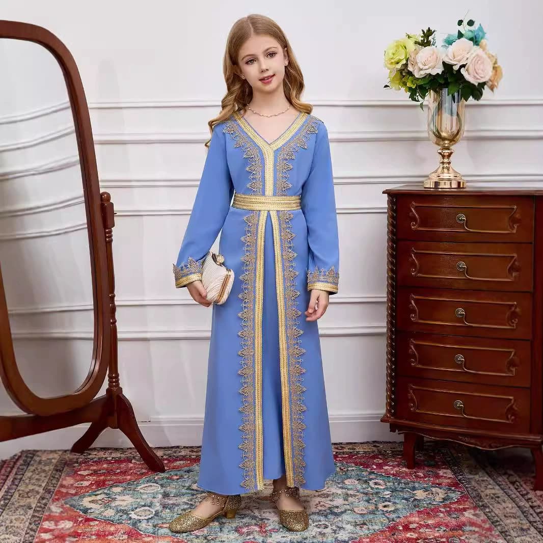 Cross-Border Girls' Long-Sleeved Clothing New Style Children's Simple Long Dress Foreign Trade Fashion Lace Evening Dress