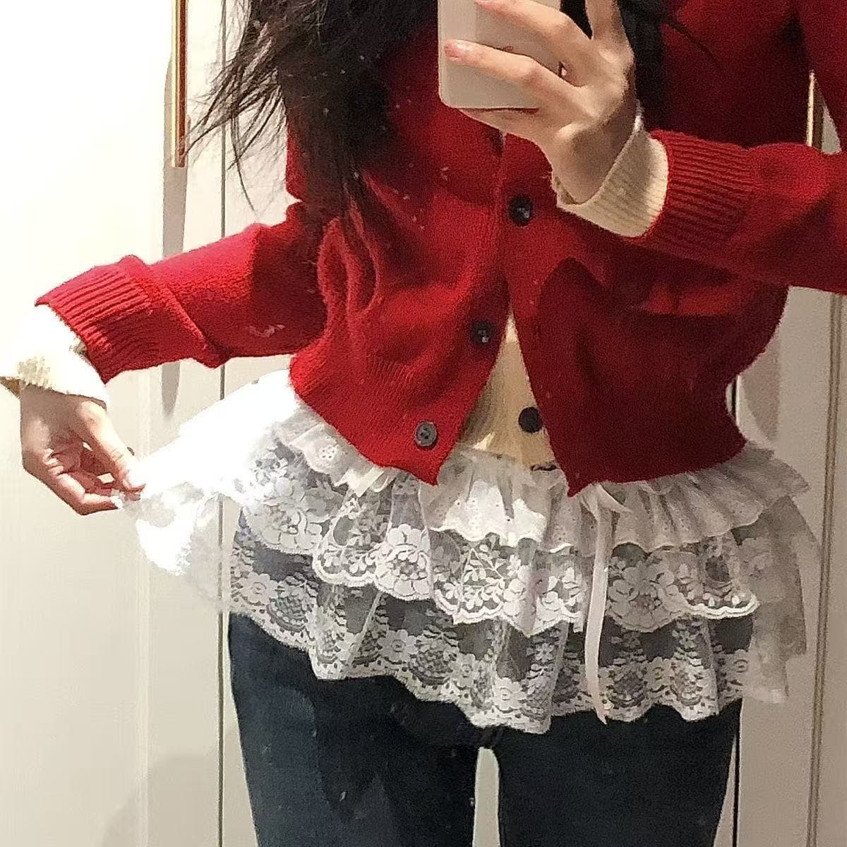 2026 New Lace Butt Curtain Lace Layered Advanced Lace-up Puff Skirt Jazz Dance Casual Jeans Skirt