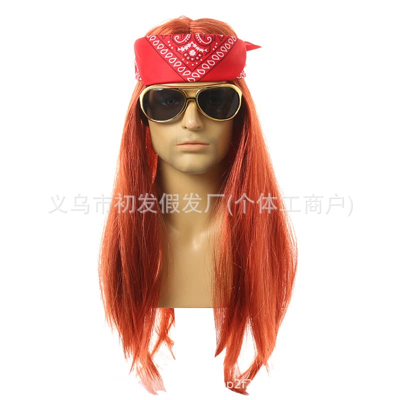 Amazon Halloween 80s Punk Heavy Metal Orange Long Straight Hair Disco Cosplay Wig for European and American Men