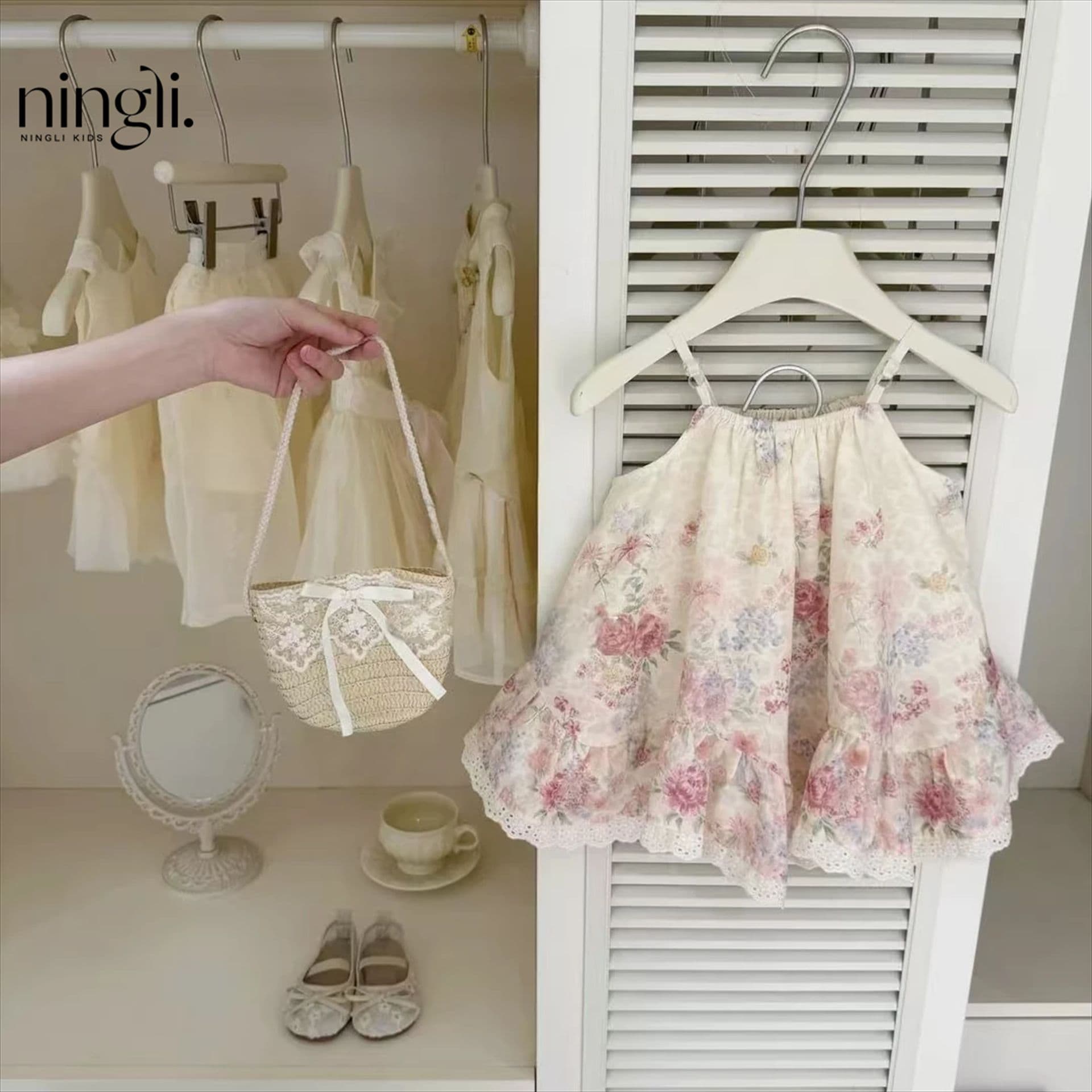[Ningli] Original design girls pink flower skirt 2026 summer baby floral suspender skirt big swing skirt